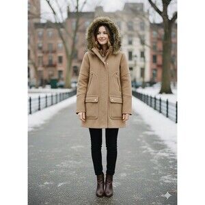 J. Crew Tan Pea Coat with Fur Hood